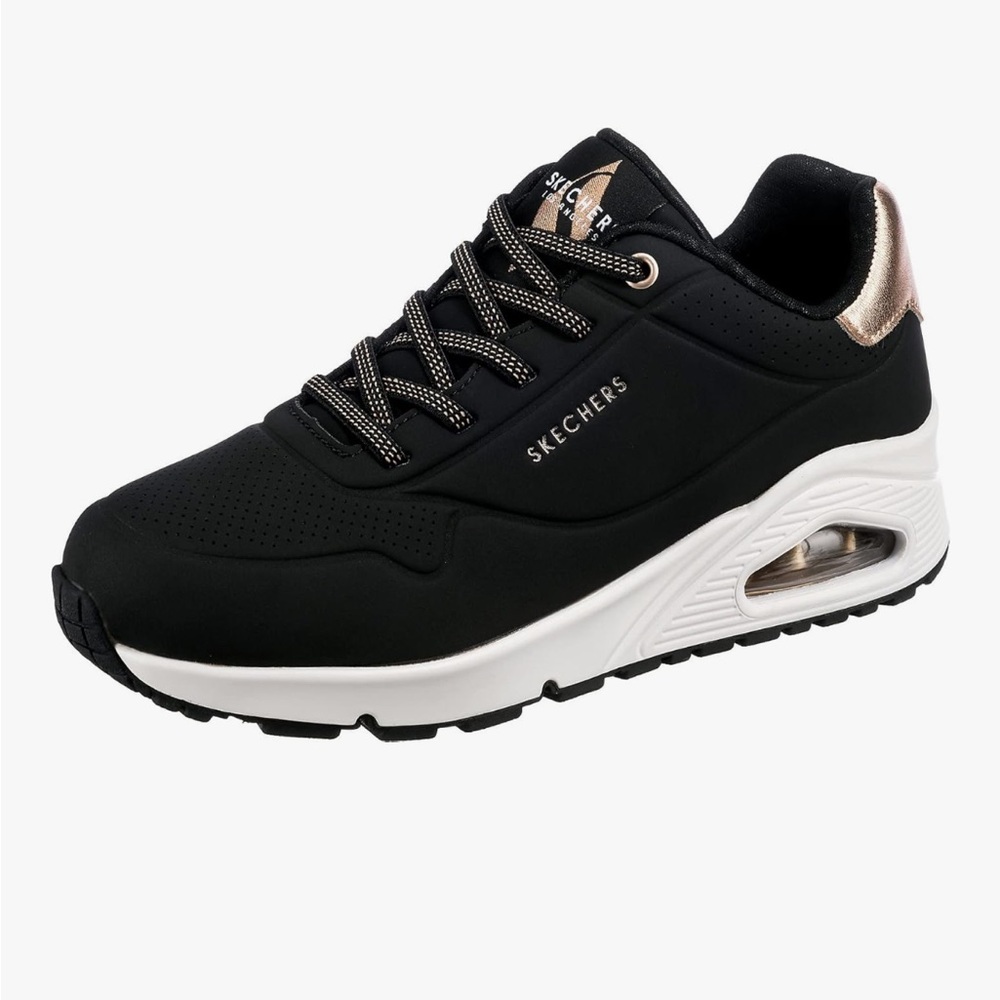Skechers Women's Black and Rose Gold UNO Shimmer Away Sneakers 7.5